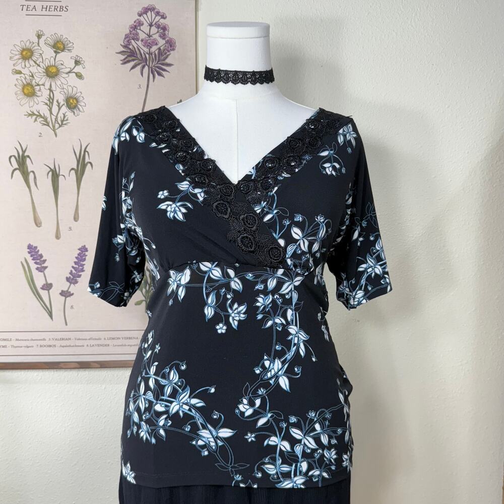 Vintage 90s Y2k Black Blue Floral Babydoll Top Whimsigoth Dark Fairy Grunge M L